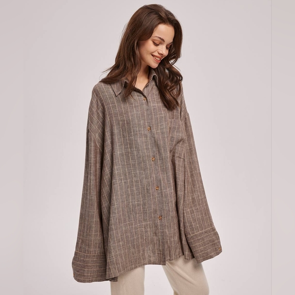 nap Tops - NWT Oversize Striped Linen Shirt (Rosy Brown) - nap